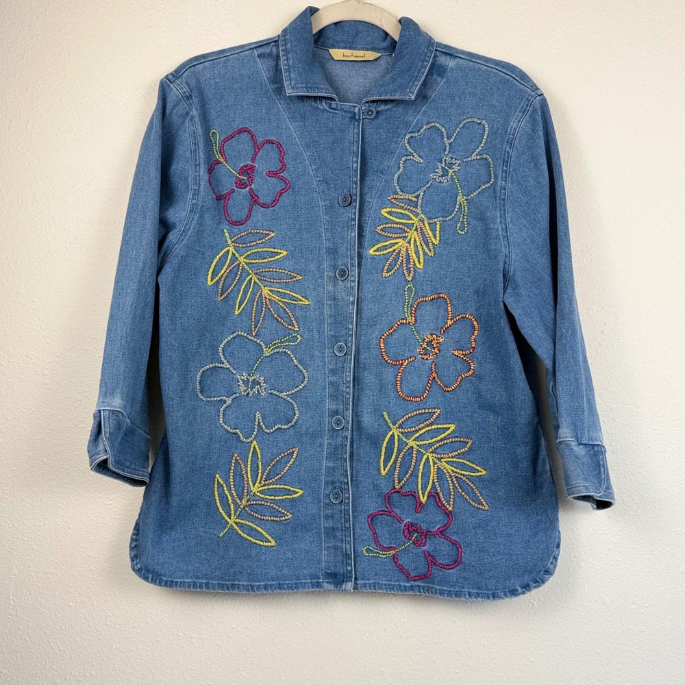 Bechamel‎ S Blue Chambray Denim Floral Embroidered Button Down Top Boho Art Mom